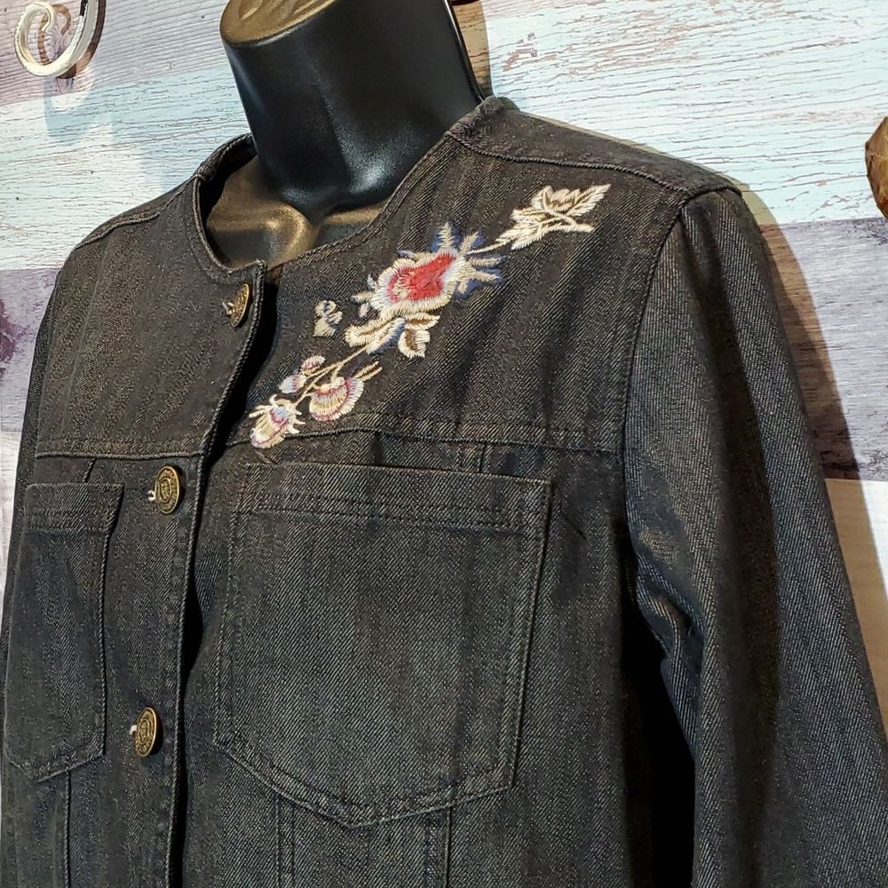 Hannah Sz S Black Denim Floral Embroidered Lightweight Jacket BoHo Jean